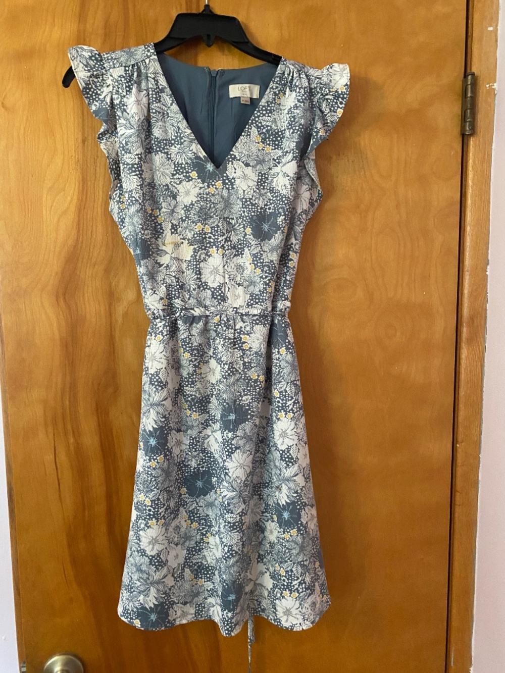 LOFT Blue Floral V-Neck Dress with Ruffle Sleeves
